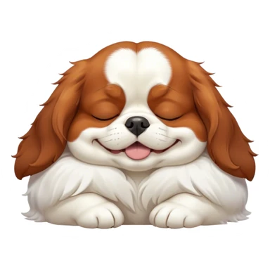 Cinematic Meme-Worthy Chubby Sleeping Cavalier King Charles Spaniel Portrait Emoji, Head resting peacefully with a contented smile, showcasing a delightfully chubby build and a luxuriously soft coat of chestnut and white, eyes shut in a serene nap, Simplified yet hilariously adorable features, highly detailed, glowing with a soft, drowsy light, high shine, relaxed and utterly lovable, stylized with an air of playful laziness, bright and heartwarming, soft glowing outline, capturing the essence of a comically sleepy Cavalier King Charles Spaniel, so meme-worthy it feels like it could instantly become the next viral sensation of adorable slumber! sticker