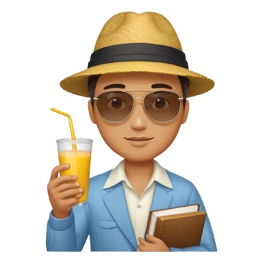 man holding book and mango drink sticker