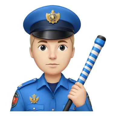 Russian traffic police officer in blue uniform with striped baton and peaked cap, holding traffic baton sticker