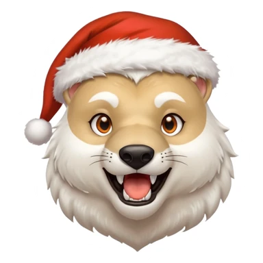 Polar bear and wolf hybrid with sabertooth fangs; light orange eyes; smiling; wearing a Santa hat  sticker
