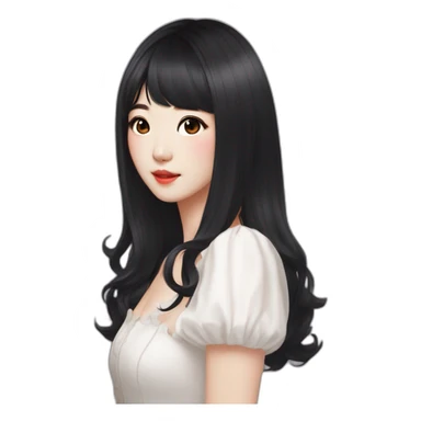 pretty woman in mid length black hair , small korean eyes, with dimples on both cheeks, with kpop dress sticker