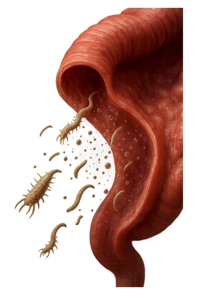 Realistic medical image of microscopic parasites leaving the intestines after taking natural kinesiological drops, symbolizing detox and cleansing. sticker