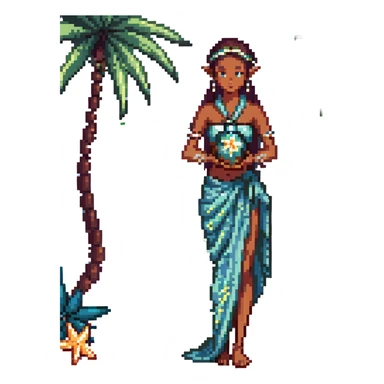 elf female Sarong with bioluminescent embroidery, armful of starfish, hair in a braid with pearl pins sticker