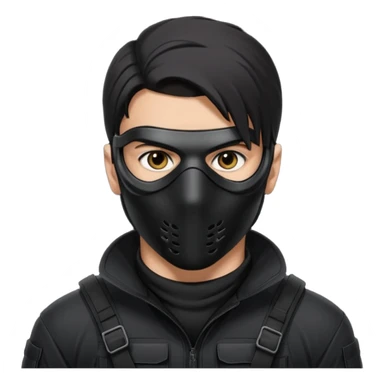 Close-up portrait of an attractive man with piercing eyes, wearing a sleek black tactical mask that covers the lower half of his face. He has sharp jawline definition, dark hair, and a serious, undercover criminal or covert operative look. High contrast, noir lighting, cinematic depth of field. sticker