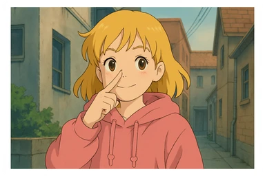 A girl yellow hair brown eyes pink Urban Heavy Loose Fit Hood Sweat touch your nose  sticker