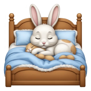 cartoon rabbit sleeping soundly in a big bed with its eyes closed sticker