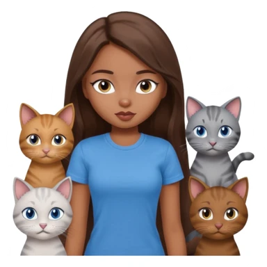 a pretty bratz dusky girl with long brown hair, blue eyes with six cats nd wearing a grey tshirt sticker