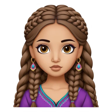 Afghan nose, pretty lips, afghan clothes, medium skin,  long brown hair braid, pretty bratz baddie, black eyeliner sticker