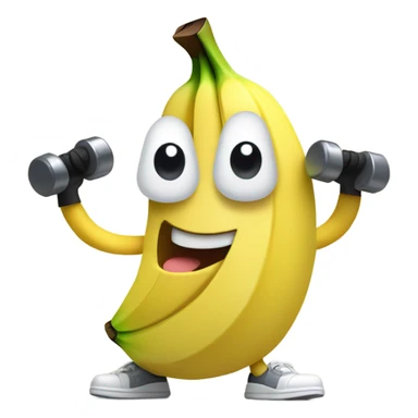 Create an energetic banana wearing a sweatband, lifting tiny dumbbells and looking motivated. sticker