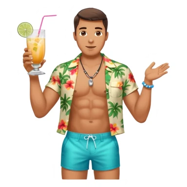 human male Unbuttoned Hawaiian shirt, swim trunks, shaking a cocktail shaker (sparks flying) sticker