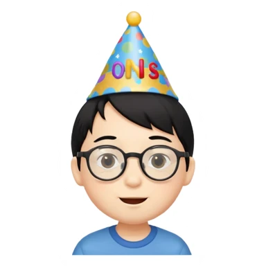 a little boy with black hair with birthday hat, wearing glasses 















 sticker