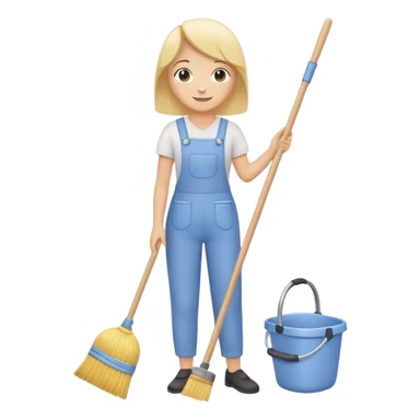 simplified human character calmly cleaning the room, holding a broom or cloth, relaxed smile, peaceful everyday routine, flat custom emoji sticker, soft pastel colors, rounded shapes, minimal details, thick outline, white background, no text sticker