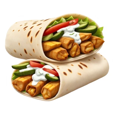 Chicken shawarma wrap with pickles tomato’s tzatziki and fries inside with steam coming off sticker
