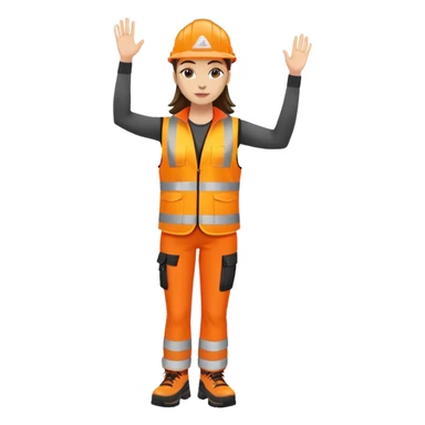 female, orange, hi-vis vest, dark trousers, shoes, hand raised sticker