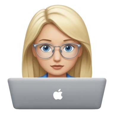 blonde hair woman blue eyes on mac lap top with glasses sticker