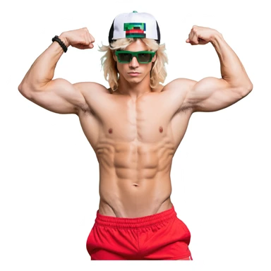 Man with black and white cap, bare torso, red shorts, clear glasses, messy light blond mullet hairstyle, flexing muscles sticker