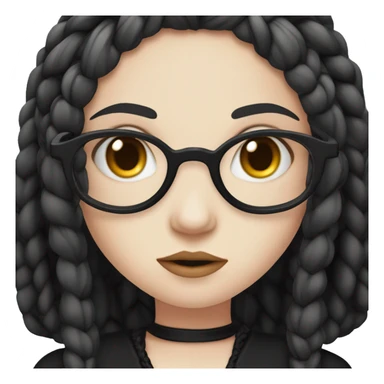 "An emoji of a girl with long black braids, pale skin, and a serious expression, wearing a dark gothic-style dress, with round black-rimmed glasses to add a studious, mysterious look sticker