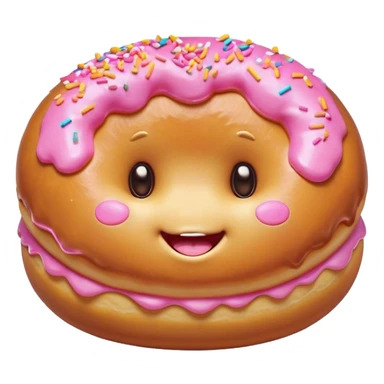 Cinematic tiny happy donut, round and fluffy, golden brown with pink icing and sprinkles, tiny adorable face with blushing cheeks, warm glowing background. sticker