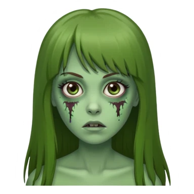Zumbi feminino, de pele verde, cabelo longo liso e castanho com franja. rosto oval e cilios grandes sticker
