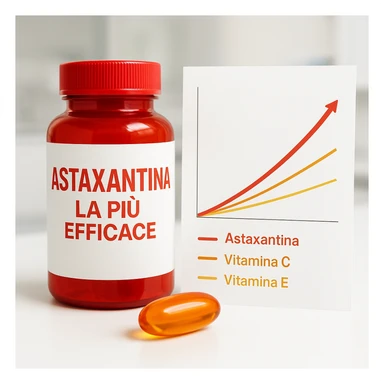 hyper realistic Astaxantina with line chart showing growth compared to vitamin C and vitamin E, red bottle, orange and golden capsule, text 'Astaxantina: la più efficace', clinical atmosphere, white background sticker