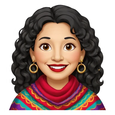 60 yr old peruvian woman, slightly chubby, wavy/curly long black hair, red lipstick, big smile, white teeth, brown eyes, hoop earings, side part to hair, round face sticker