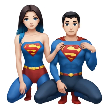 Art of woman's very gorgeous body scheme anatomy-bare shoulders and front-blue eyes-very long straight black to blue hair ombre-kneeling-front-leaning back-looking at male redish brownish haired man- in superman shirt  to her side sticker