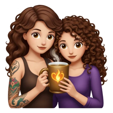 warm potion break — long wavy brown hair tattooed woman and short tight curly brown hair woman — hugging glowing mug sticker