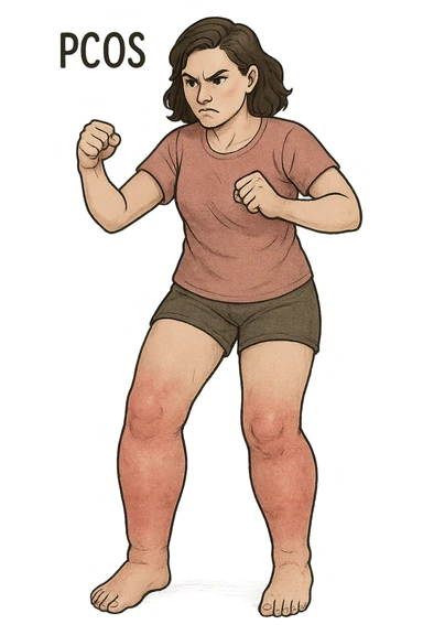 vertical format medical illustration of a woman with PCOS visually battling her swollen legs, focus on legs, no background sticker