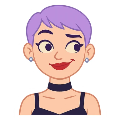 Make her raise her eyebrows and smirk, keeping the same style, pastel purple pixie hair, black choker, red lipstick, lip ring, and fashionista vibe. Transparent background. sticker