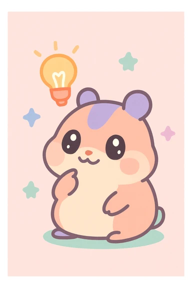 whimsical hamster with big eyes, pondering, with a bright idea lightbulb, kawaii illustration sticker