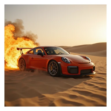 Cinematic shot, Porsche 911 gt3 rs in fire, desert, sunny day, dubai in background sticker