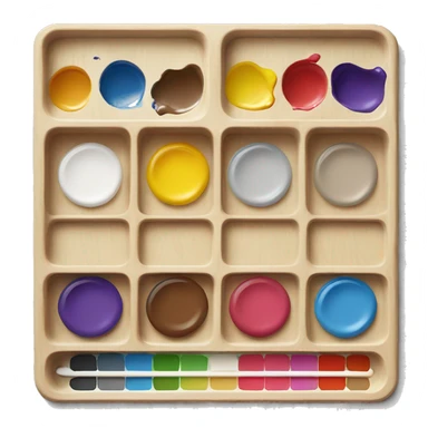 wooden painting palette, paint mixing tray with applied paint colors sticker