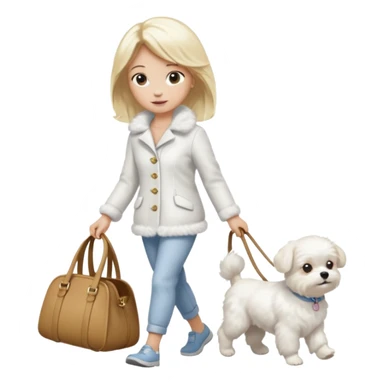 blonde woman wearing white, walking a small maltese dog. sticker