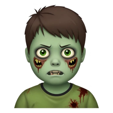 a little chubby teenage boy with brown emo hair, gray-green eyes, zombie sticker