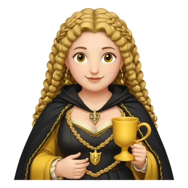Helga Hufflepuff, 2 curly thick brown braids, yellow-black medieval dress, black cloak decorated with gold braiding, tiny two-handled shiny yellow-gold cup, very kind smile, curvy busty sweet woman, thick rosy cheeks sticker