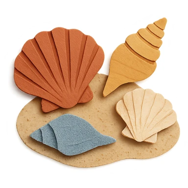 collection of different sea shells, arranged on a sandy background sticker