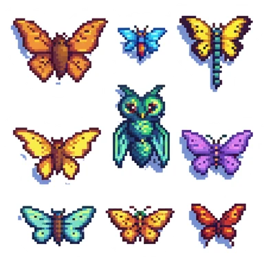 a lineup of winged animals including a bird, bat, butterfly, and dragonfly in pixel art style sticker