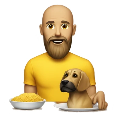 A yellow skinned man with beard with a plate in front of him on a table. there is a dog on the table. sticker