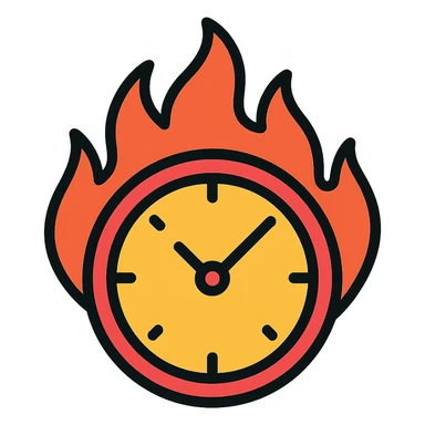 minimal color icon of a round clock with bright vivid flames, clean lines sticker