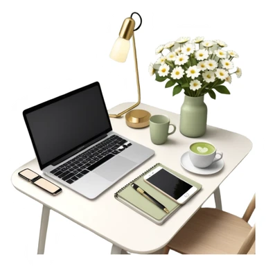 seeing a working from home desk from above with a macbook computer, fashion/interior magazines, flowers in a little vase, louis poulsen portable lamp with a dimmed cozy light and a iced matcha. very scandinavian aesthetic sticker