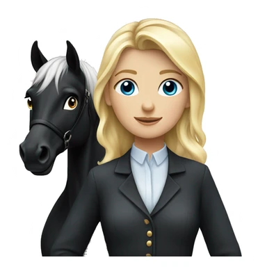 blonde equestrian girl with blue eyes standing next to a black horse sticker