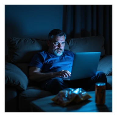 middle-aged man slouched on couch with laptop, dark circles under his eyes, empty snack bags and energy drinks on the coffee table, blue light from screens illuminating his tired face, hyperrealistic 4K details, evening atmosphere sticker