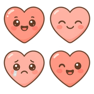 A series of illustrations heart in a kawaii emoji style, with detailed shading and highlights, thin clean outlines, soft and rounded features. Pastel color palette using  #FE655F, #F4A6A6,#FECDC9 The style is inspired by modern Japanese pop art and sticker aesthetics. Highly detailed, vector clarity, soft lighting and subtle shadows. Transparent background without background. sticker