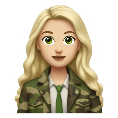 White girl with Long blonde hair and green eyes, camouflage Wool oversize blazer, mini skirt and Brown leather boots  sticker
