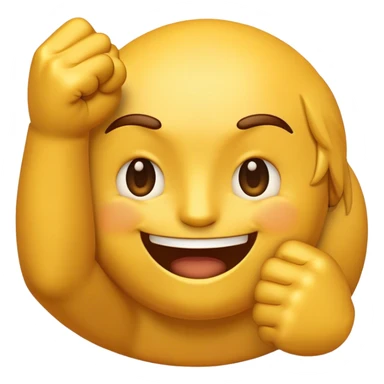 A medium-sized, golden-yellow emoji with a round face. It has a slightly bearded look, one eye winking, and a smiling expression. On both sides, there are fists with index fingers pointing left and right. sticker