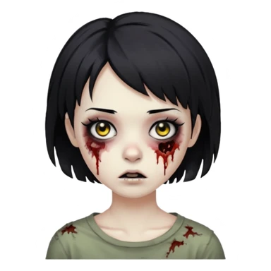 Zombie girl with messy black short hair with lashes and torn cheek and calm face sticker