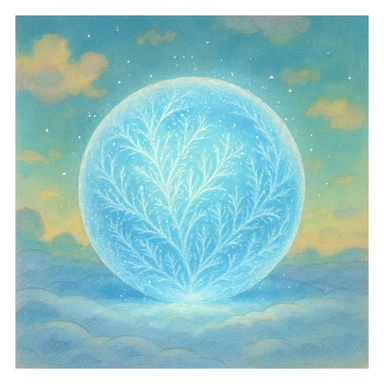 a frozen ball, shimmering with a frosty glow, ghibli-inspired style sticker