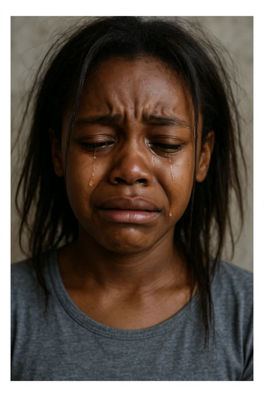 realistic style sad crying black girl with straight messy hair, expressive face, tears sticker