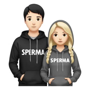 I want it to be this emote 🙍‍♂️
of a white guy with black hair and a black sweatshirt with the word "sperma" written in white in the middle. Behind him, there's a pretty blonde with long hair, pulling the string on the first person's hoodie. The girl is wearing a gray sweatshirt. sticker