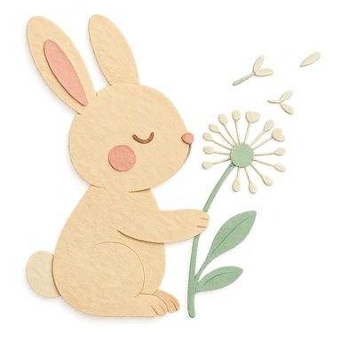 bunny holding a dandelion in the breeze, gentle spring vibe, soft pastel colors, transparent background, paper craft style sticker